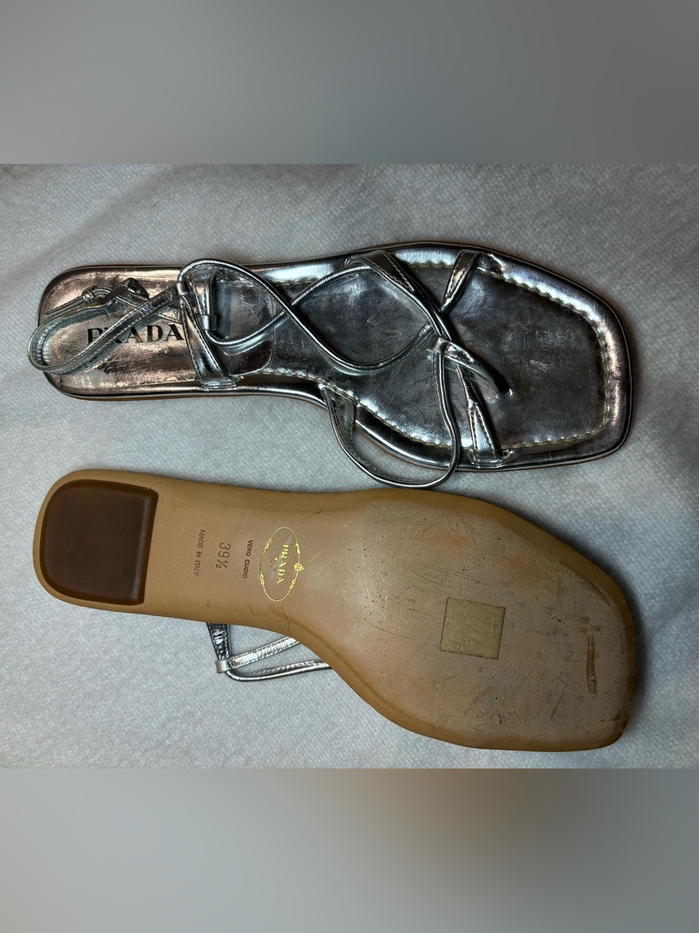 Prada Metallic Silver Strappy Flat Sandals